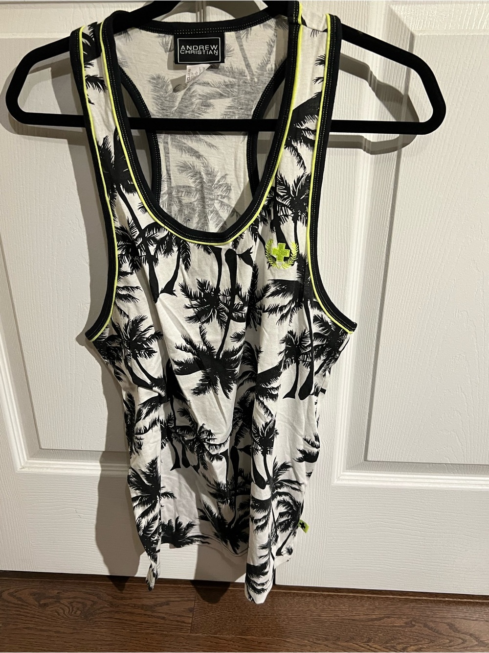 Andrew Christian White & Black Palm-Print Racerback Tank with Lime Accents